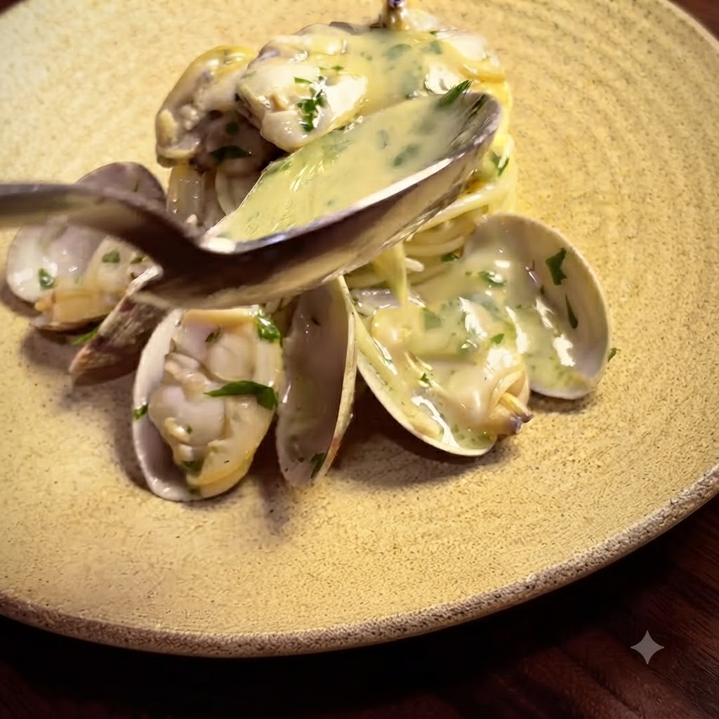 Clam meat being tossed into a pan of cooked spaghetti.