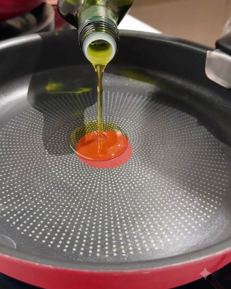 Olive oil being poured from a glass bottle into a hot black frying pan.