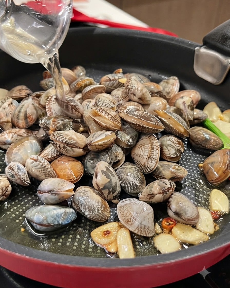 Dry white wine being poured from a clear vessel over a pan filled with fresh clams.