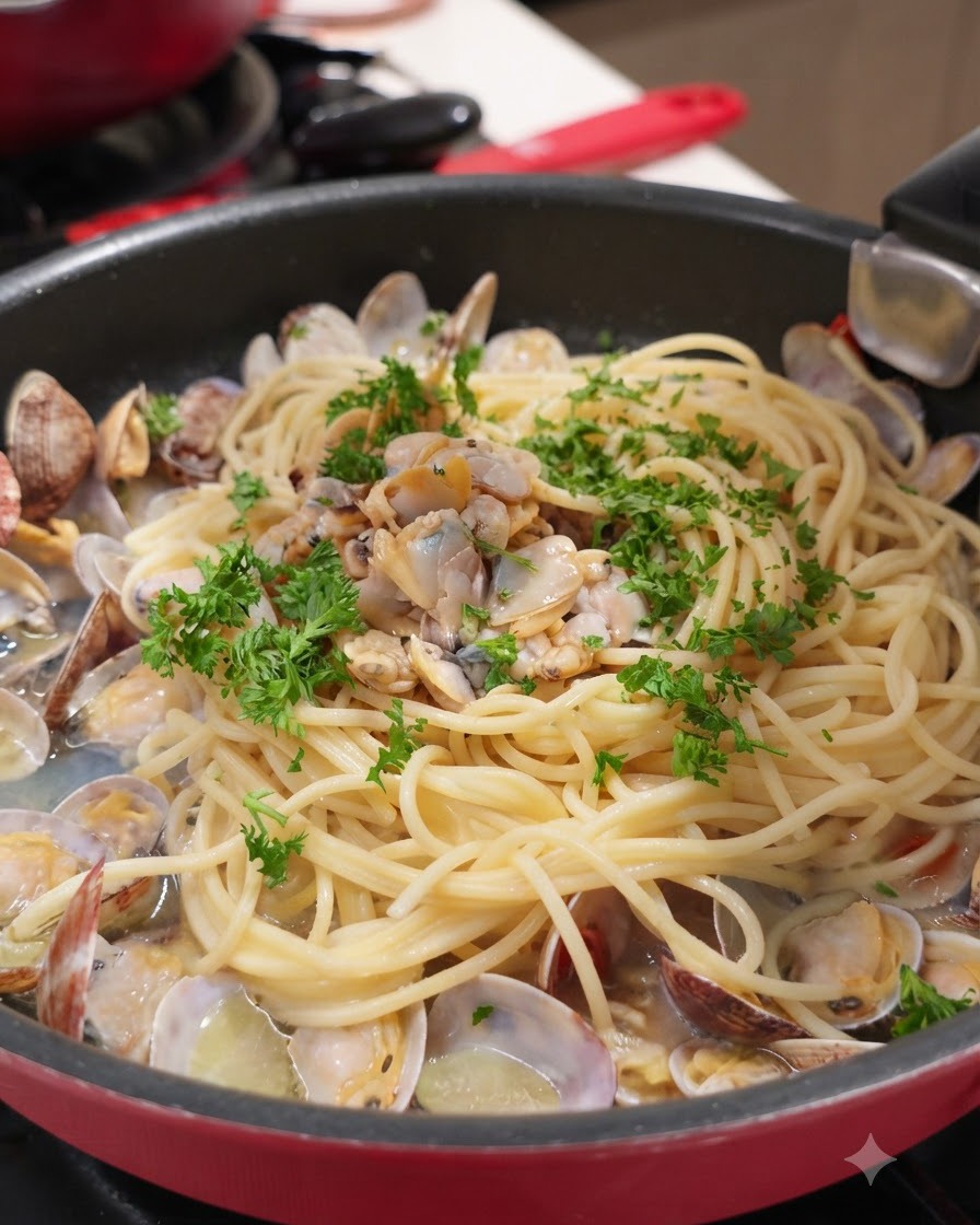 A pan of spaghetti and clams generously garnished with fresh chopped green parsley.