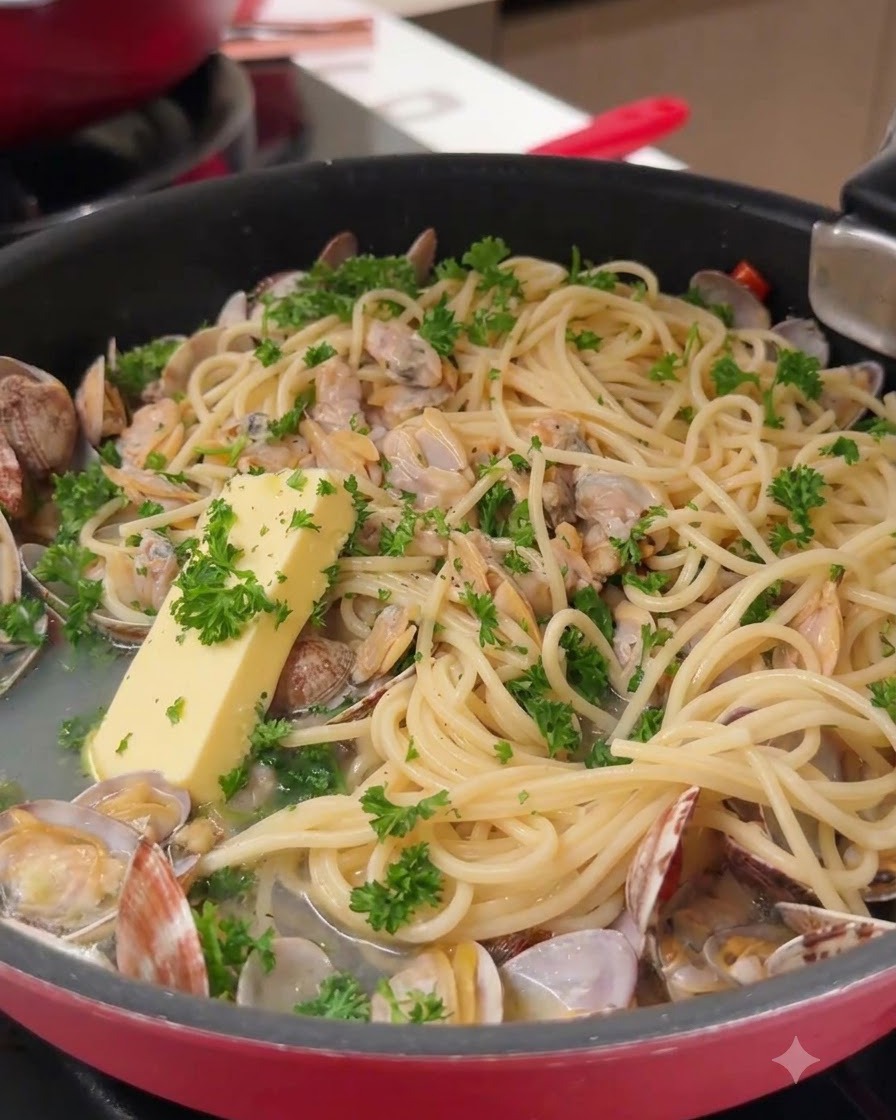 A block of yellow butter resting on top of spaghetti and clams in a frying pan.