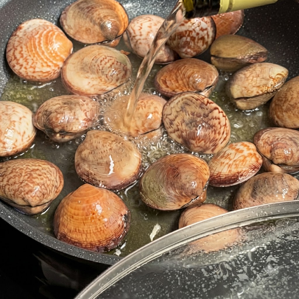 White wine being poured over a pan filled with clams.