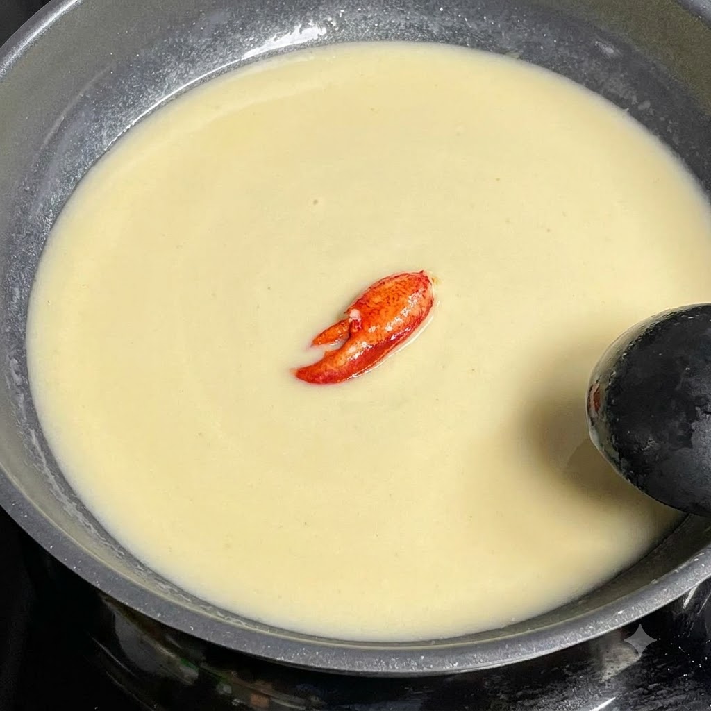 A spoonful of rich crab butter sitting inside the simmering clam broth in a pan.