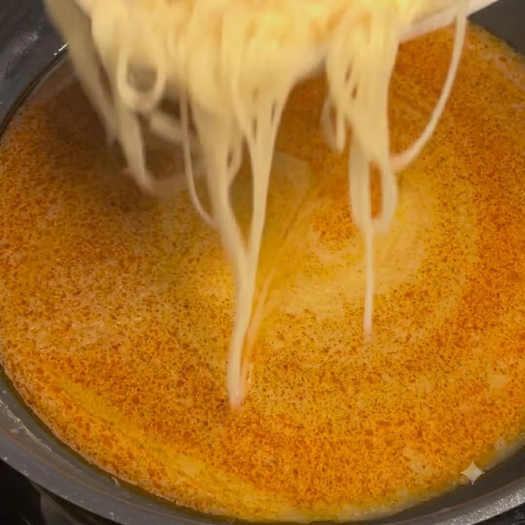 Freshly cooked pasta noodles being transferred from a plate into a sizzling pan filled with creamy orange clam and crab butter sauce.