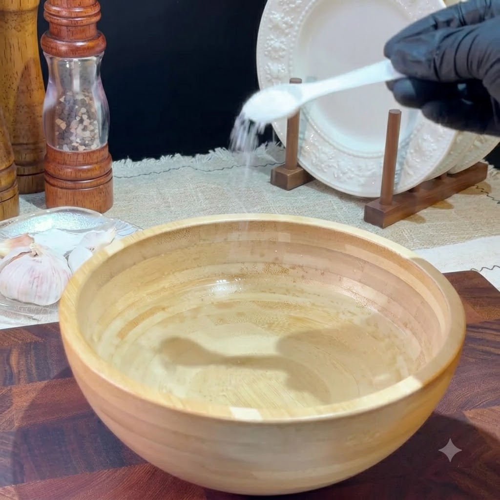 Salt being poured from a white spoon into a wooden bowl filled with water.