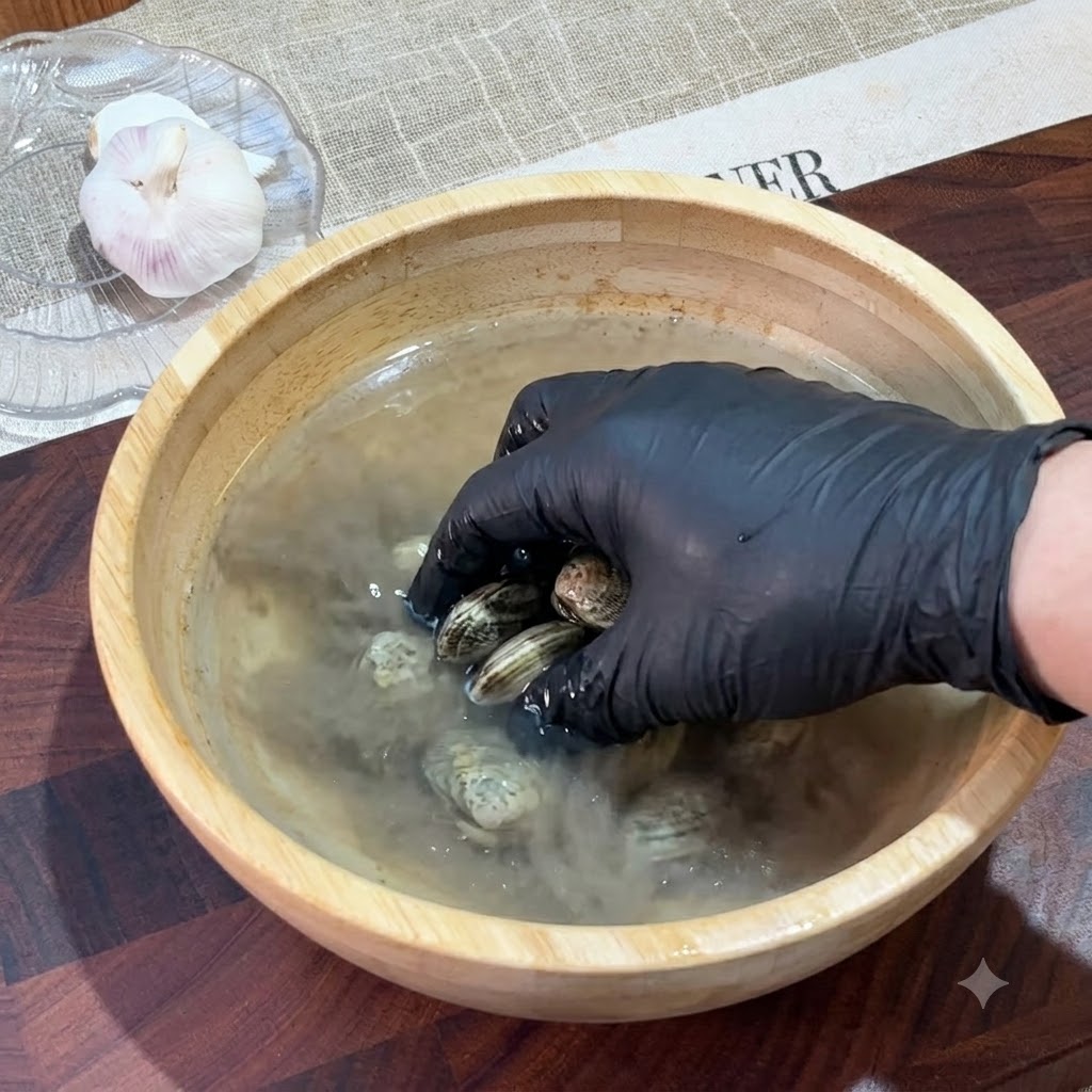 Clams resting inside a wooden bowl filled with murky salt water.