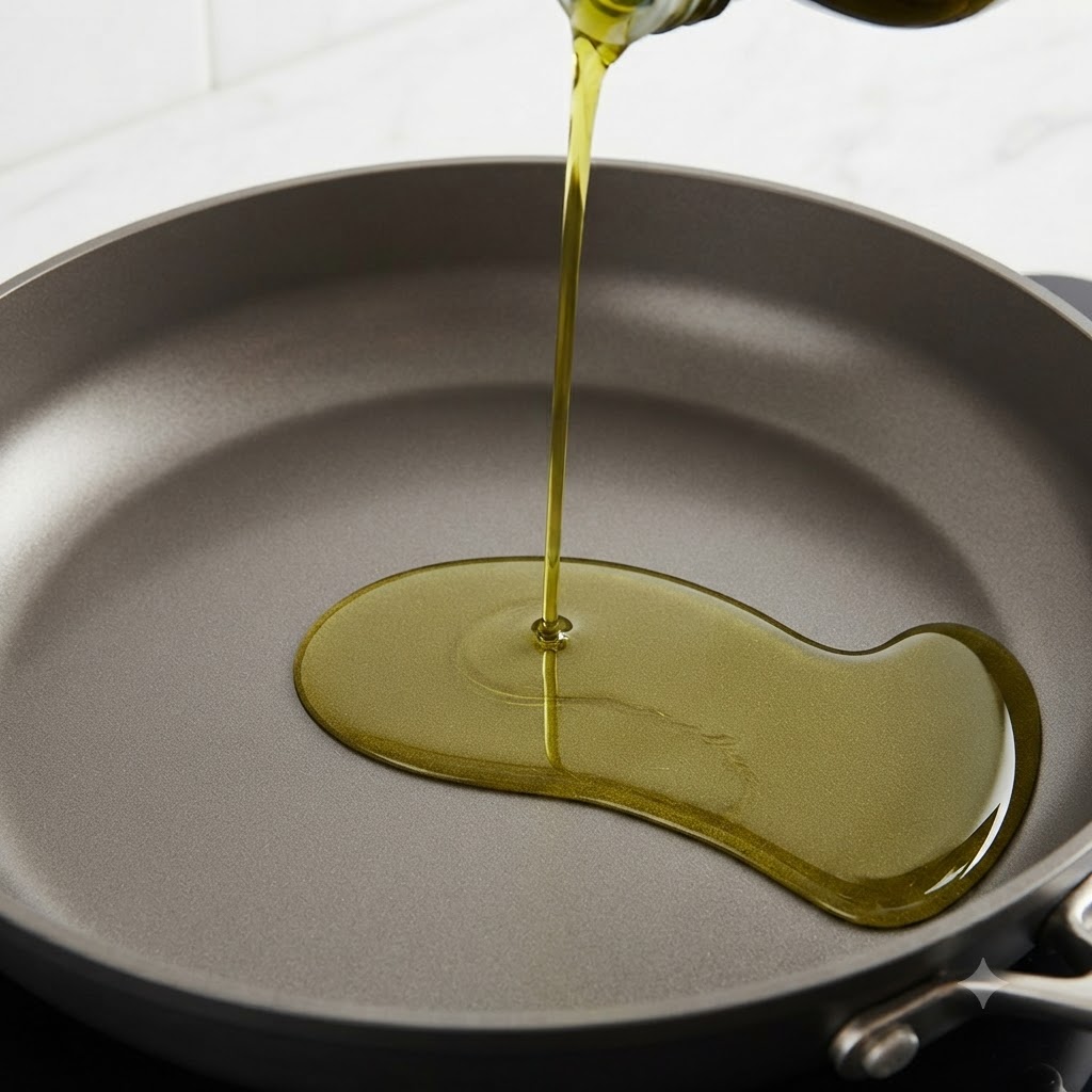 Olive oil pouring from a bottle into the center of a heated pan.