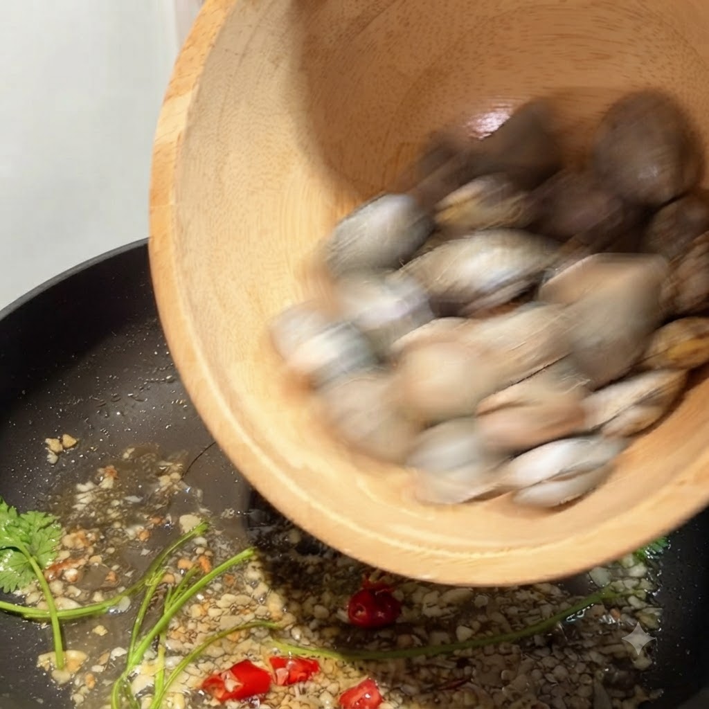 Clams being poured from a wooden bowl into a skillet with sautéed garlic and chili.