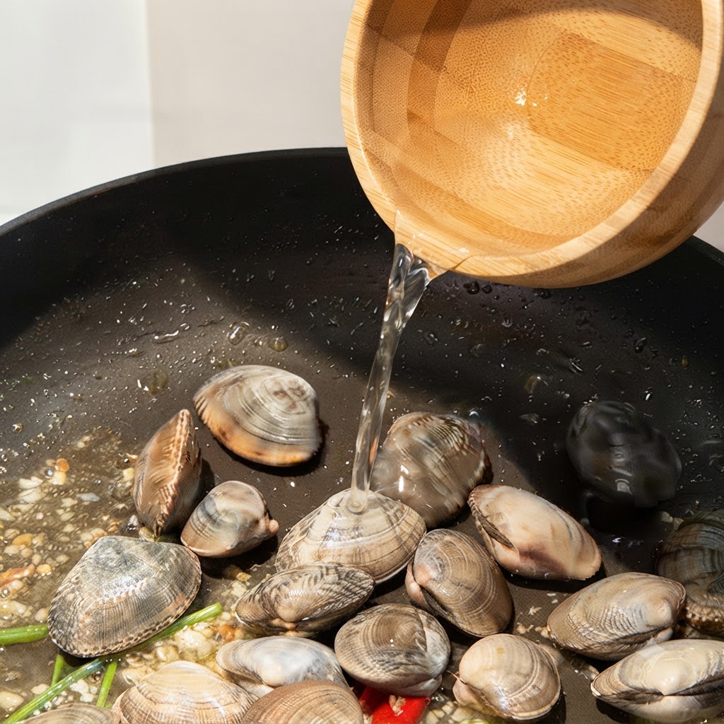 White wine being poured from a bowl over clams in a skillet.