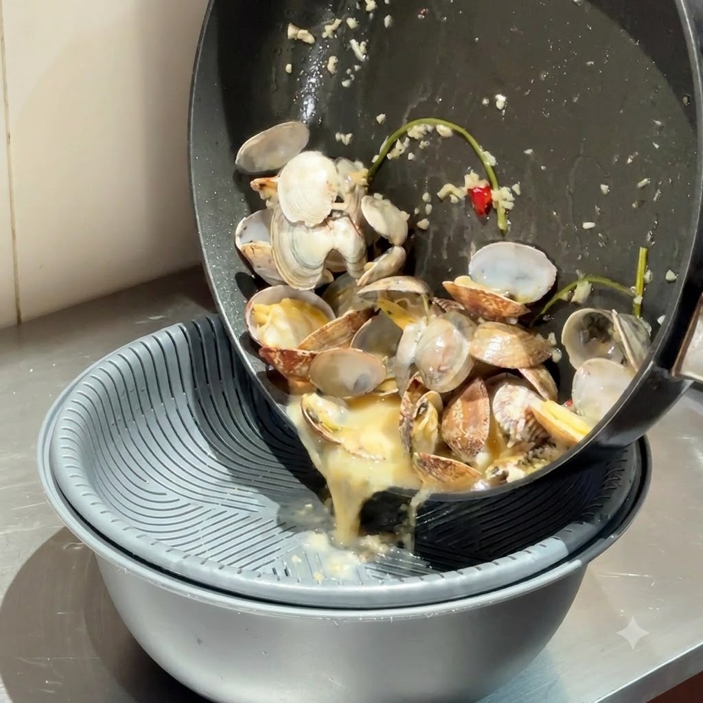Broth and clams being poured from a skillet through a strainer into a bowl.