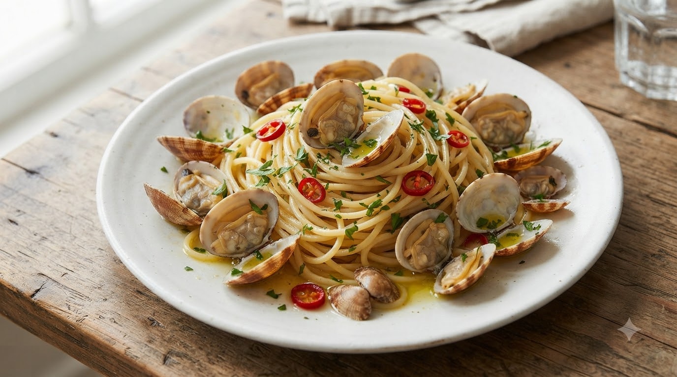 A plate of Neapolitan clam spaghetti garnished with fresh parsley and chili slices, placed on a wooden board.