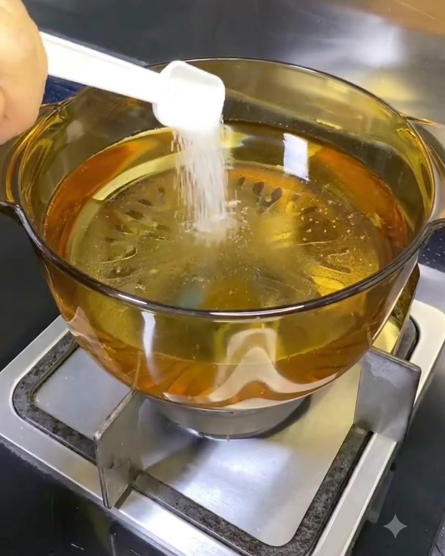 A clear pot on a stove containing water with white salt being poured into it from a white measuring spoon.
