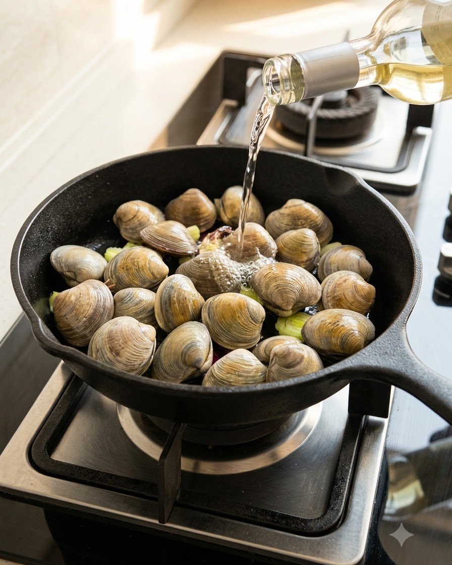 White wine being poured from a bottle into a cast iron skillet filled with fresh clams and vegetables.