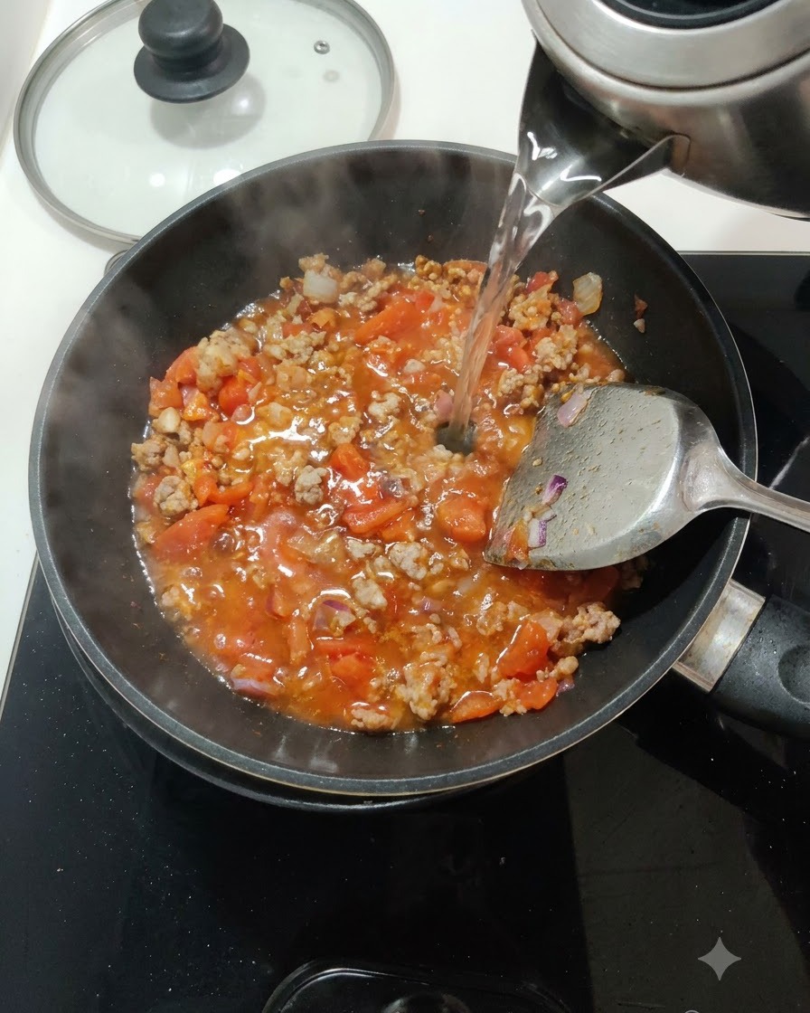Clear water being poured from a silver kettle into a pan with tomatoes and meat.