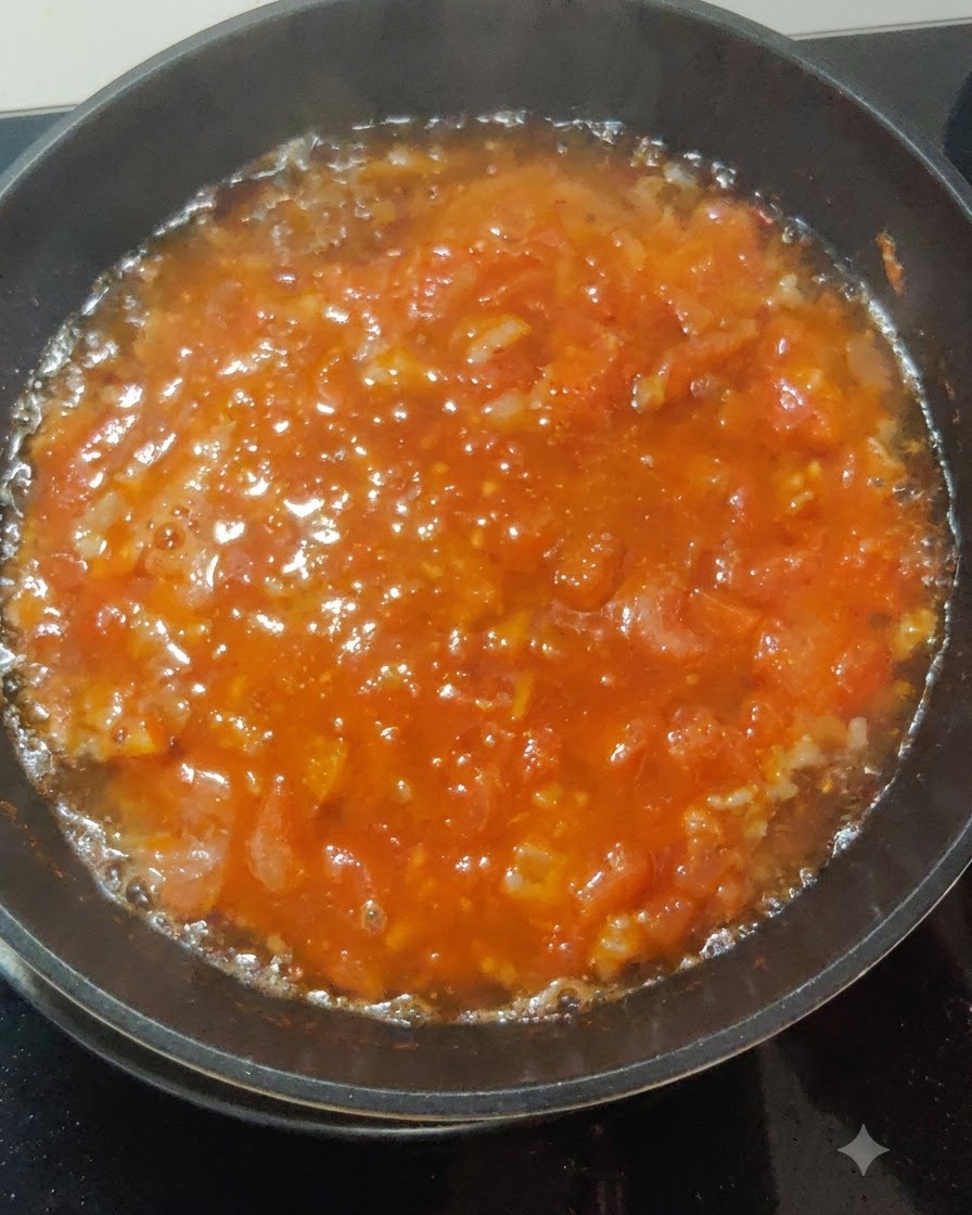 A thick simmering red sauce bubbling inside a frying pan on the stove.