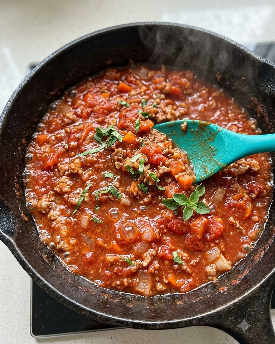 A ladle scooping hot tomato meat sauce onto a bed of cooked spaghetti noodles on a white plate.