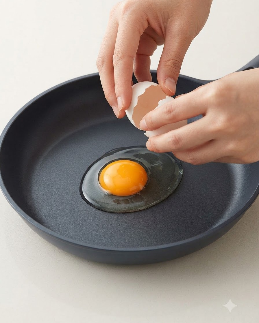 An egg being cracked into a dark non-stick frying pan to make a sunny-side-up egg.
