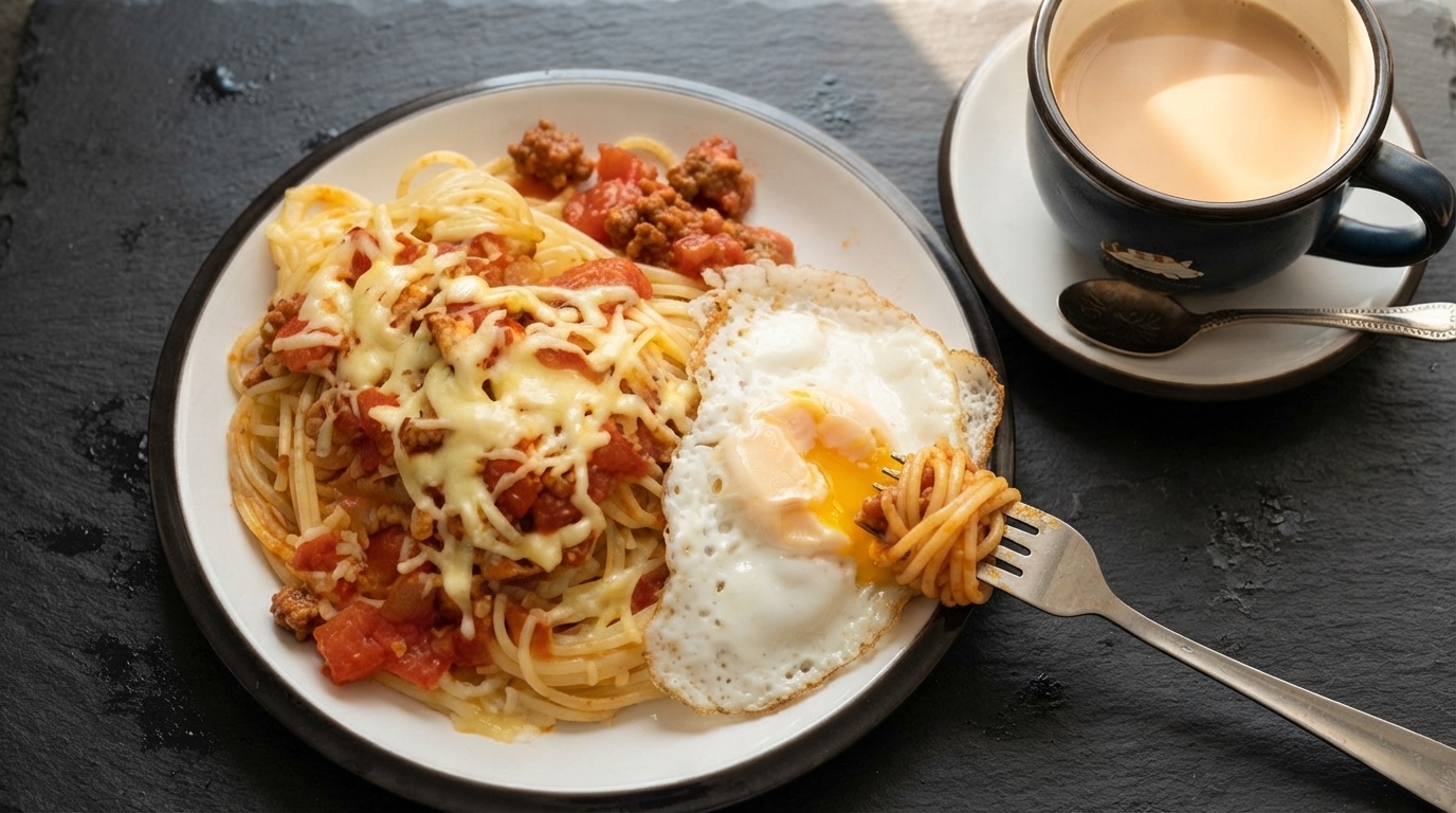 A plate of cheese-baked spaghetti with rich tomato meat sauce, served alongside a sunny-side-up egg and a mug of milk tea.