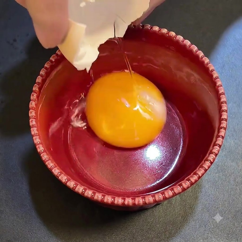 A sterile egg yolk in a red bowl being combined with parmesan cheese and black truffle sauce.