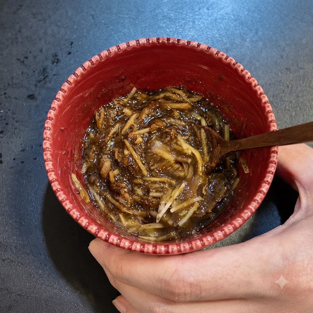 Close-up view of egg yolk, cheese, and black truffle sauce being stirred together in a red bowl.