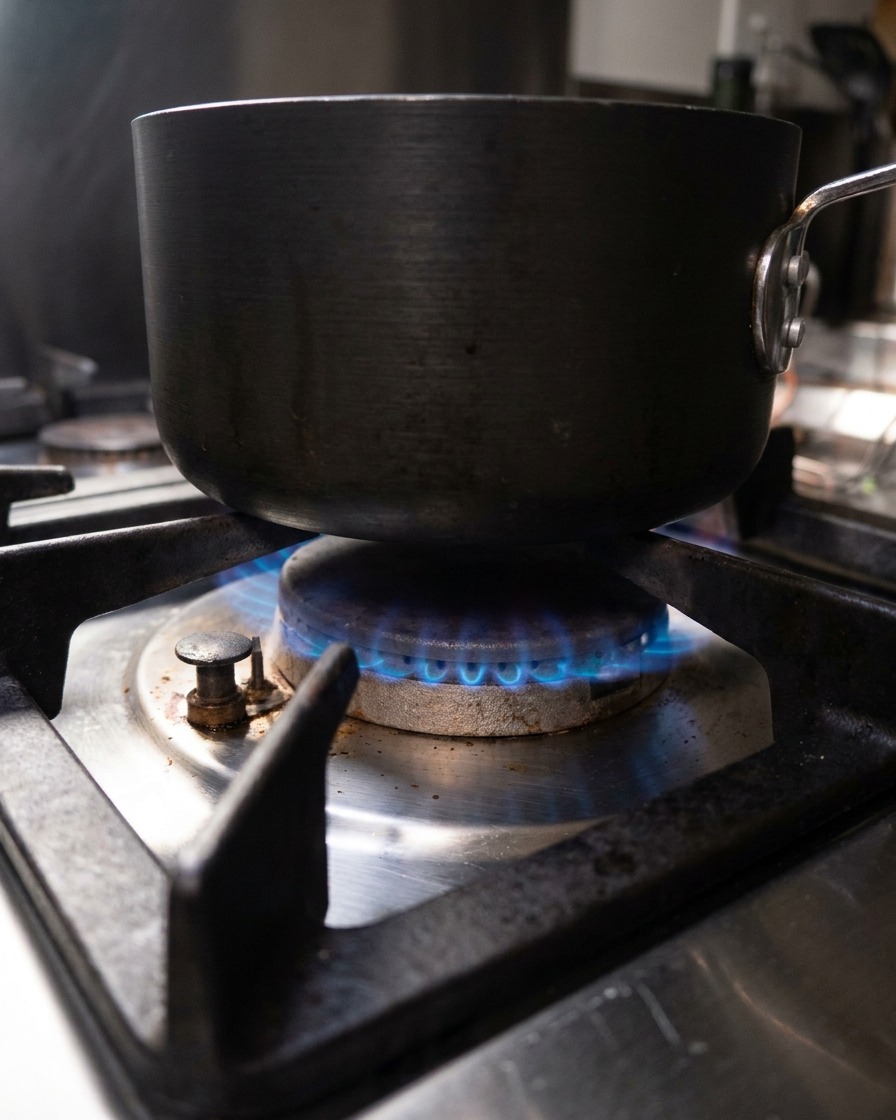 A small container sprinkling pepper and nutmeg into a pot of heating milk on a stove burner.