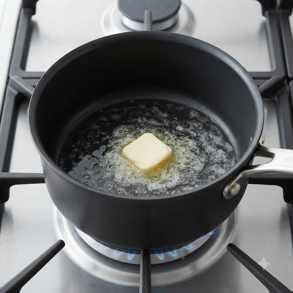 A cube of yellow butter melting and bubbling in the center of a black frying pan.