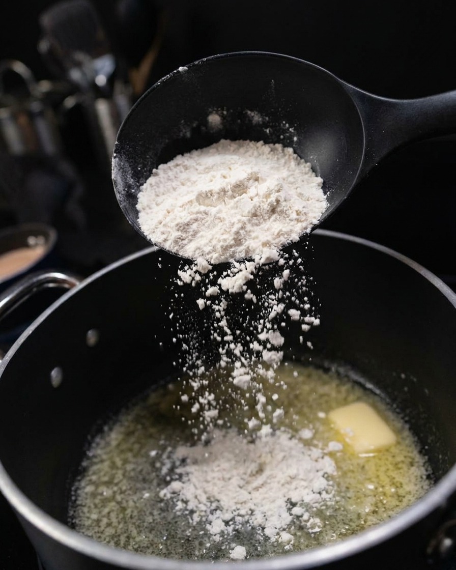 Flour cascading from a black spoon into the melted butter in a cooking pan.