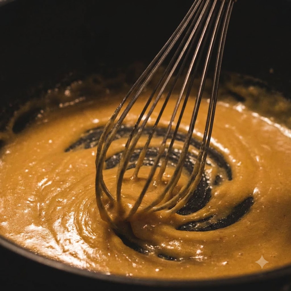 A whisk stirring a golden-brown butter and flour roux paste in a pan.