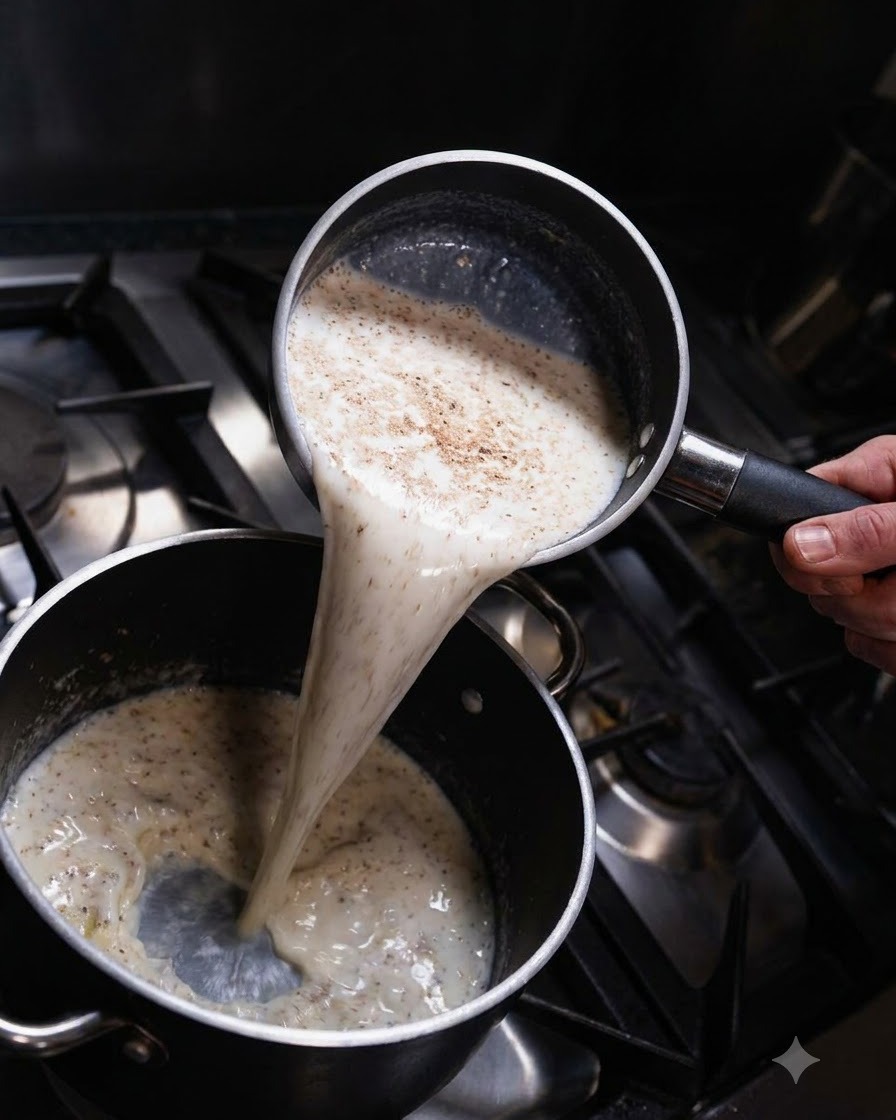 Heated milk being poured from a saucepan into a pan containing roux, blending into a creamy mixture.