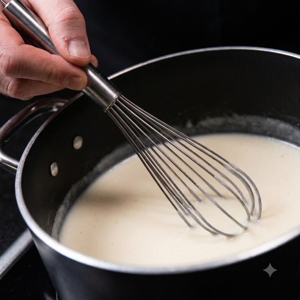 A metal whisk actively stirring a smooth white sauce inside a dark pot.
