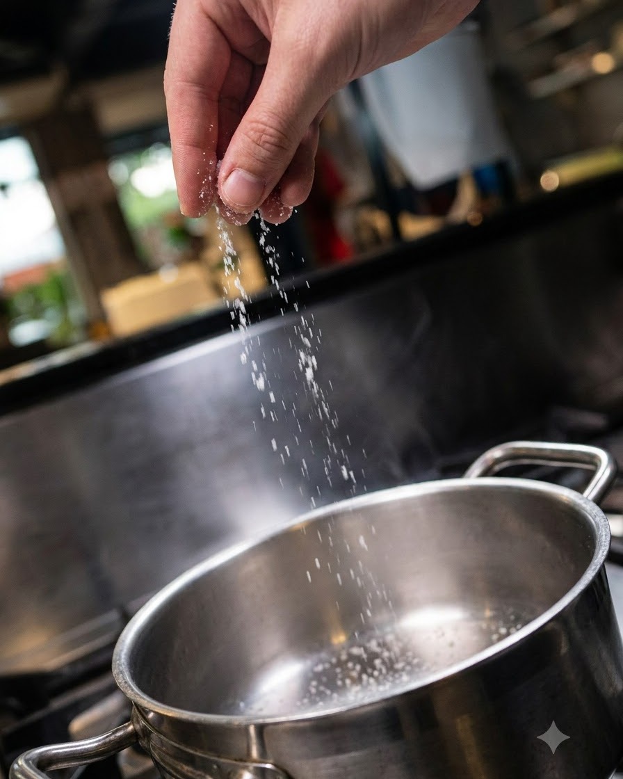 Salt being poured directly from the hand into a stainless steel pot.