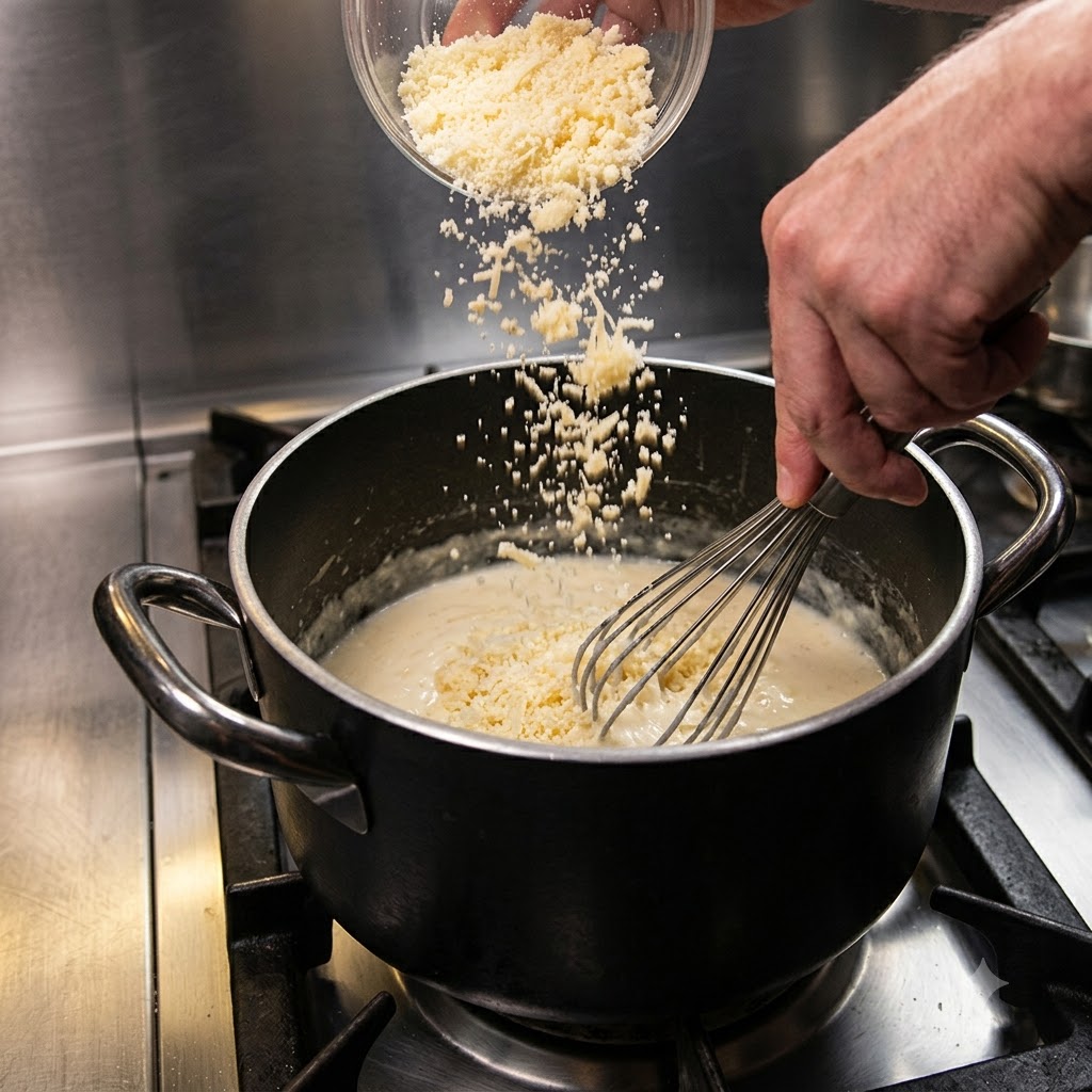 Shredded cheese falling from a clear bowl into a pot of sauce while being whisked.