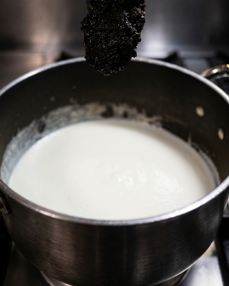 A spoonful of dark black truffle paste held above a pot of white sauce.