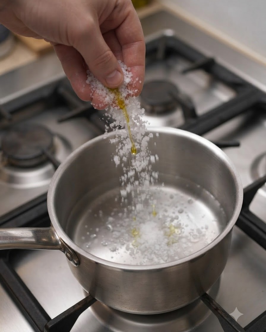 Salt and oil being sprinkled into a pot of boiling water on a gas stovetop.