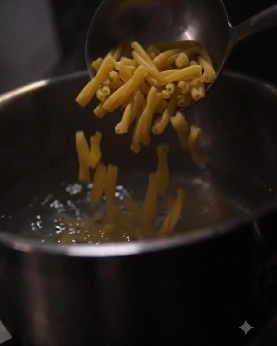 Macaroni pasta sliding out of a ladle into bubbling hot water in a pot.