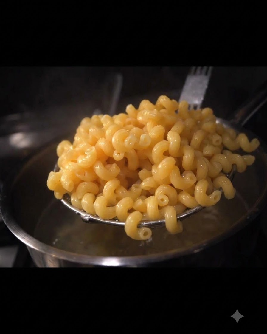 A mesh strainer filled with cooked, glistening macaroni held over a pot of water.