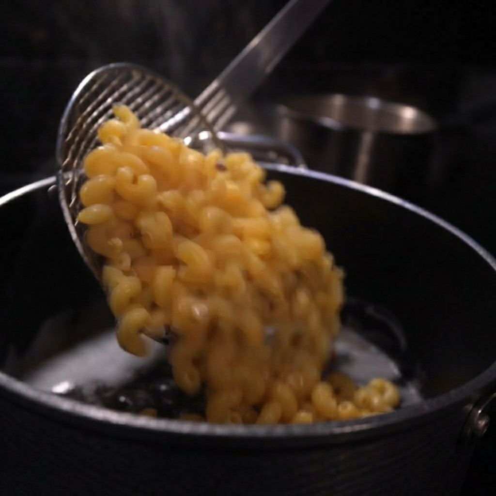 Cooked macaroni being poured from a strainer into a dark pot filled with thick sauce.