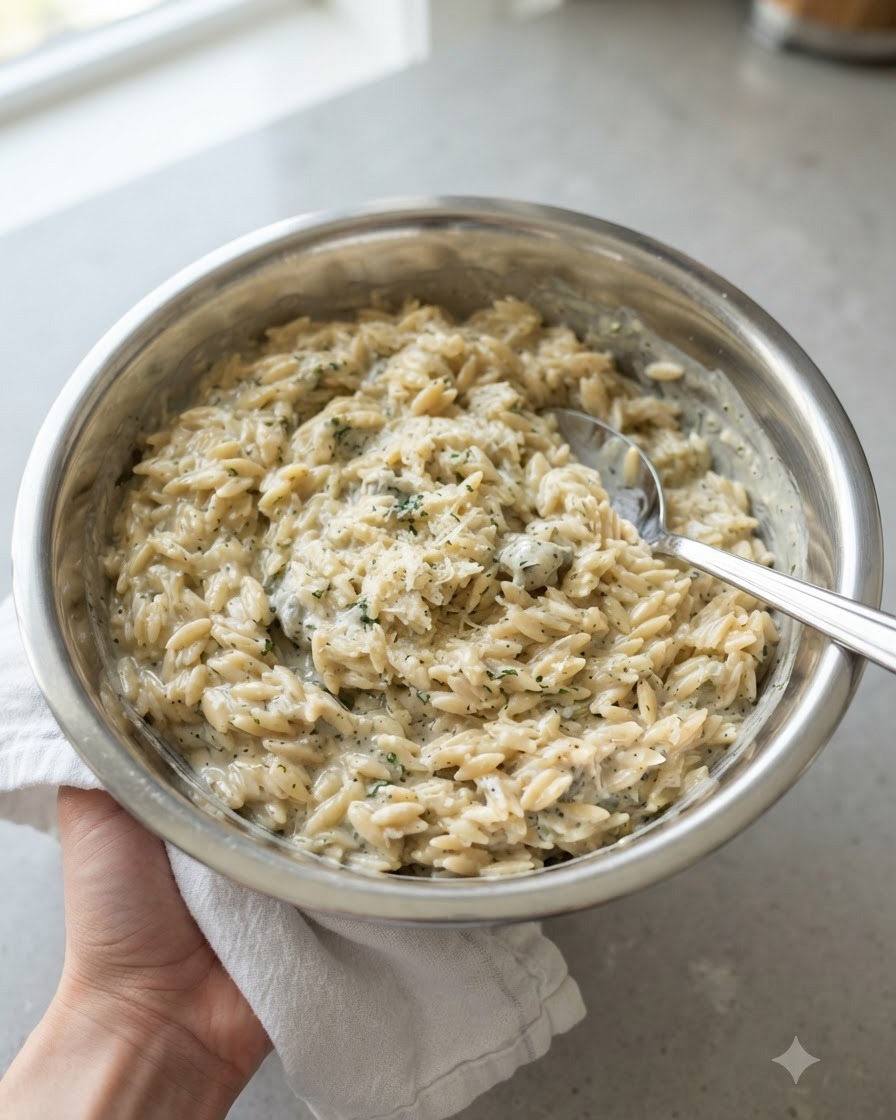 A ladle scooping creamy macaroni pasta from a stainless steel mixing bowl into a baking dish.