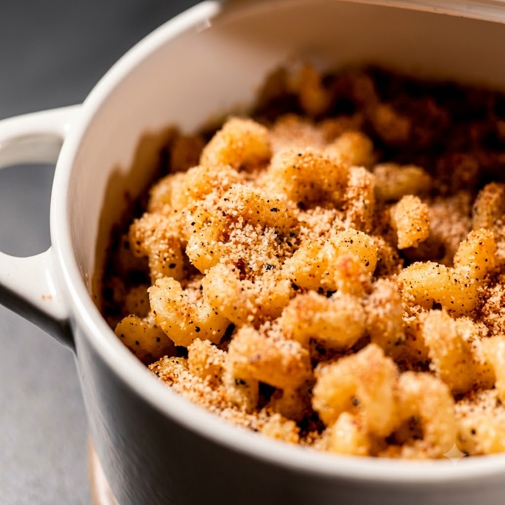 A baking dish filled with macaroni pasta topped with breadcrumbs, ready for the oven.