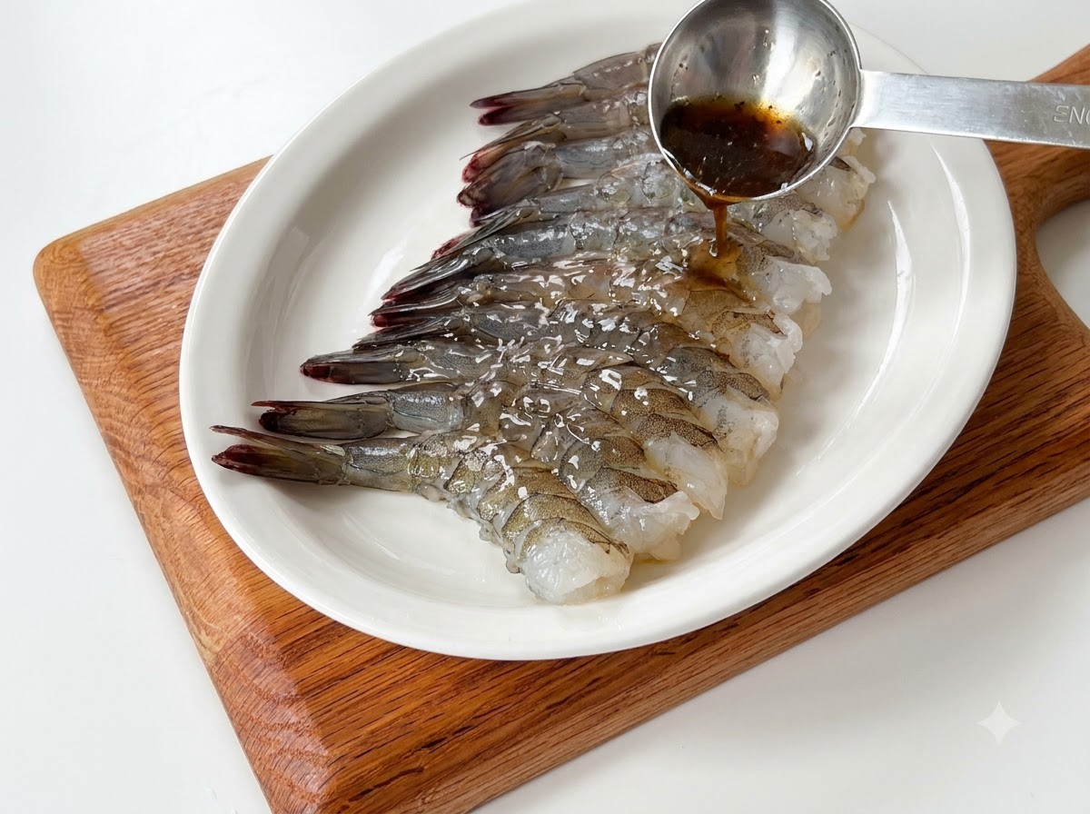 Cooking wine being poured from a measuring spoon over a row of raw shrimp arranged on a white plate.