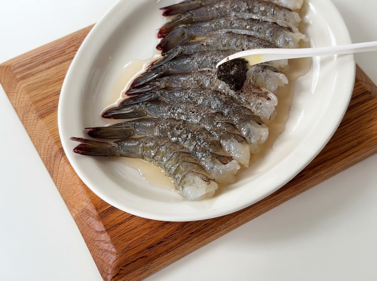 A gloved hand spreading black truffle paste and black pepper onto the seasoned shrimp on a plate.