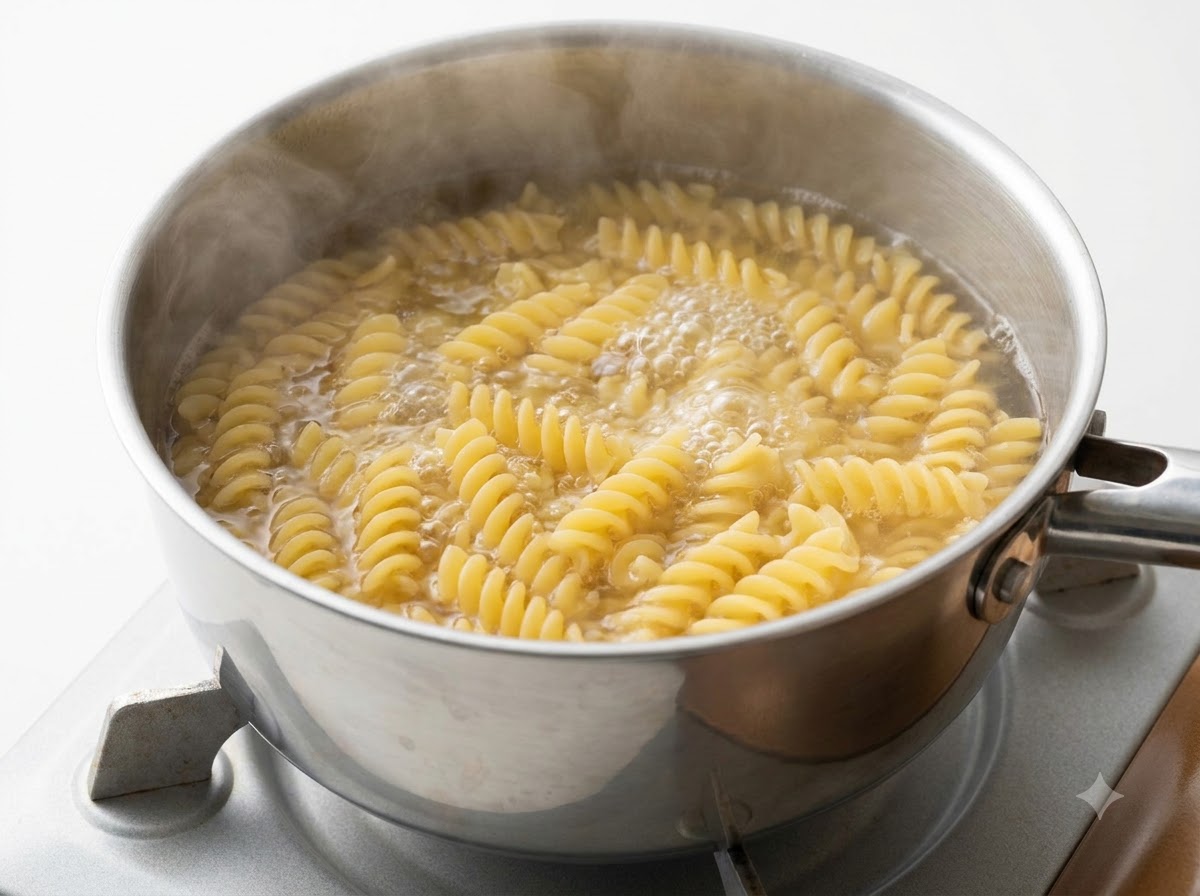 Fusilli pasta boiling in a stainless steel pot of hot water, with steam rising from the surface.