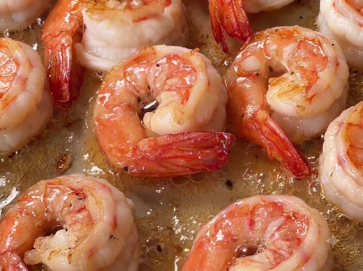Cooked fusilli pasta being tossed into a pan with freshly fried shrimp.