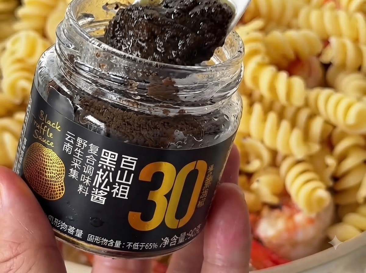A white spoon holding black truffle paste above a jar, with the pasta and shrimp mixture visible in the background.
