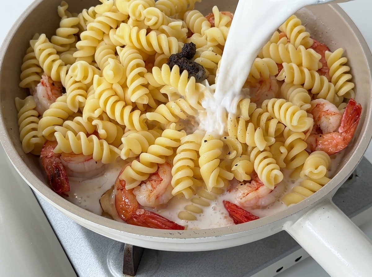 Milk and heavy cream being poured from a pitcher into a pan filled with pasta, shrimp, and truffle paste.
