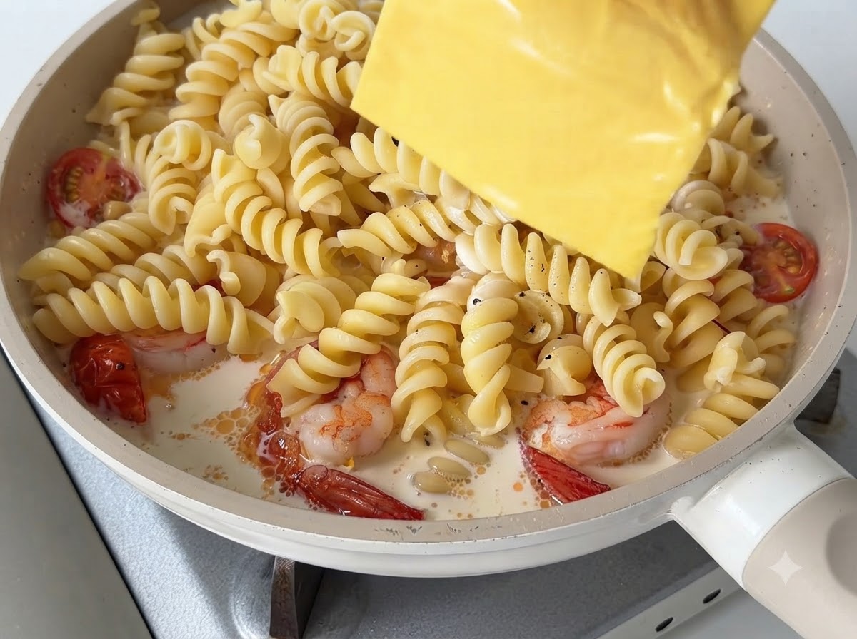 A square slice of yellow cheese being laid over the top of creamy pasta in a frying pan.