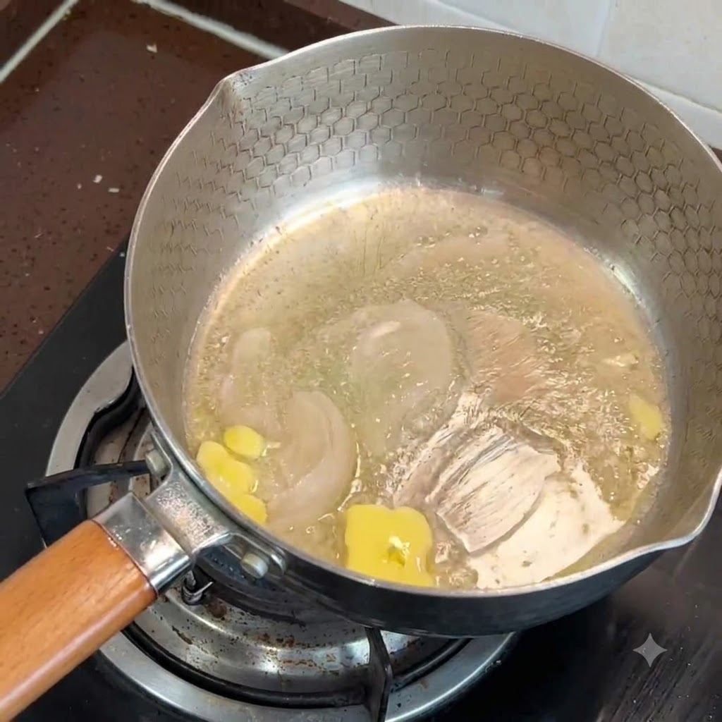 A cube of butter melting in a hot pan on the stove.