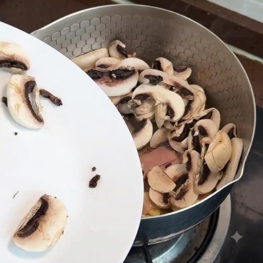 Sliced mushrooms being tipped from a white plate into a pan containing bacon and garlic.