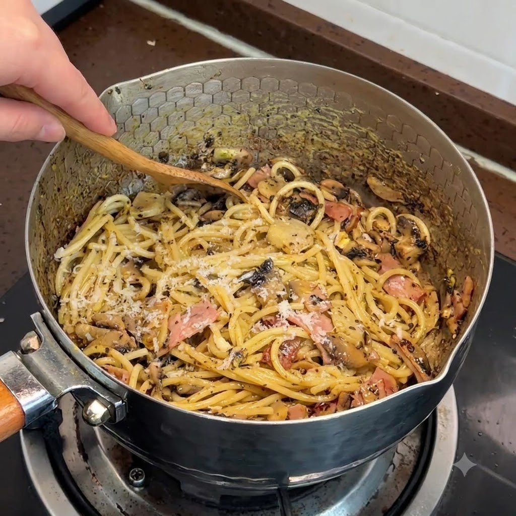 Fresh cheese being grated directly onto hot cooked pasta mixed with mushrooms and bacon in a pot.