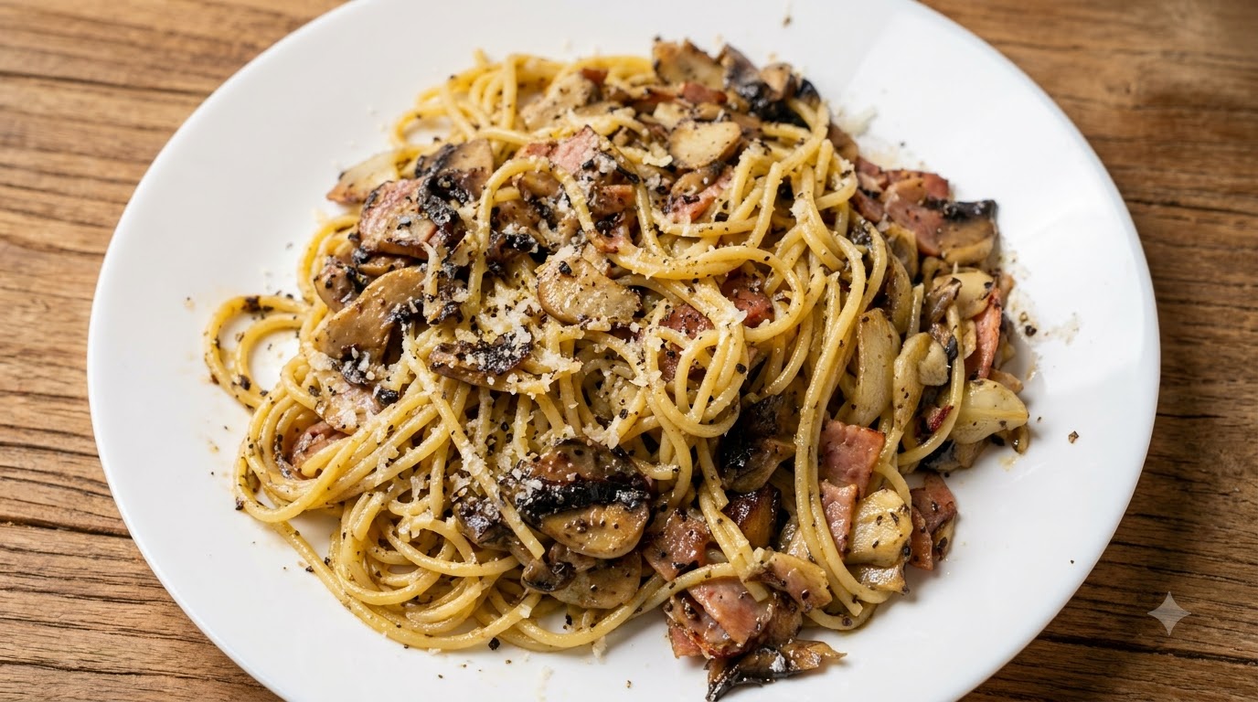 Gourmet Black Truffle Pasta with Bacon and Mushrooms